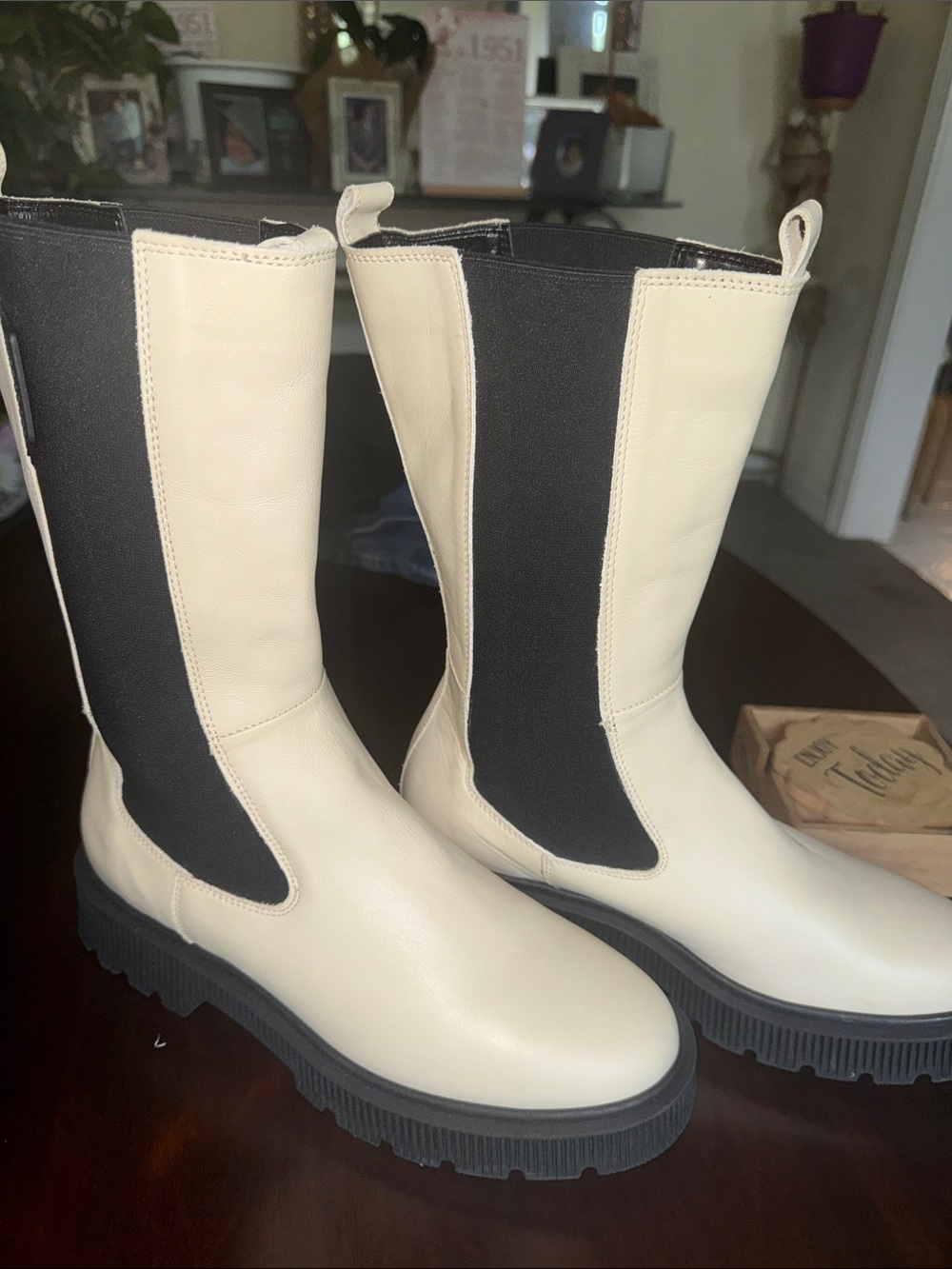 Kurt Geiger Cream and Black Mid-Calf Chelsea Boots - Women SZ 9.5